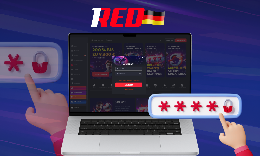 Um sich bei 1Red Casino anzumelden, müssen Spieler aus Deutschland sich per E-Mail oder Telefonnummer mit einem Passwort registrieren