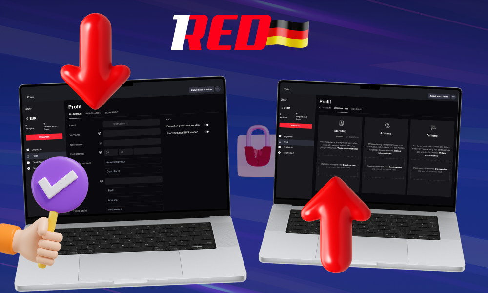 Verifizierung des 1Red-Kontos durch Hochladen eines Ausweises, einer Adressbestätigung und eines Zahlungsbelegs