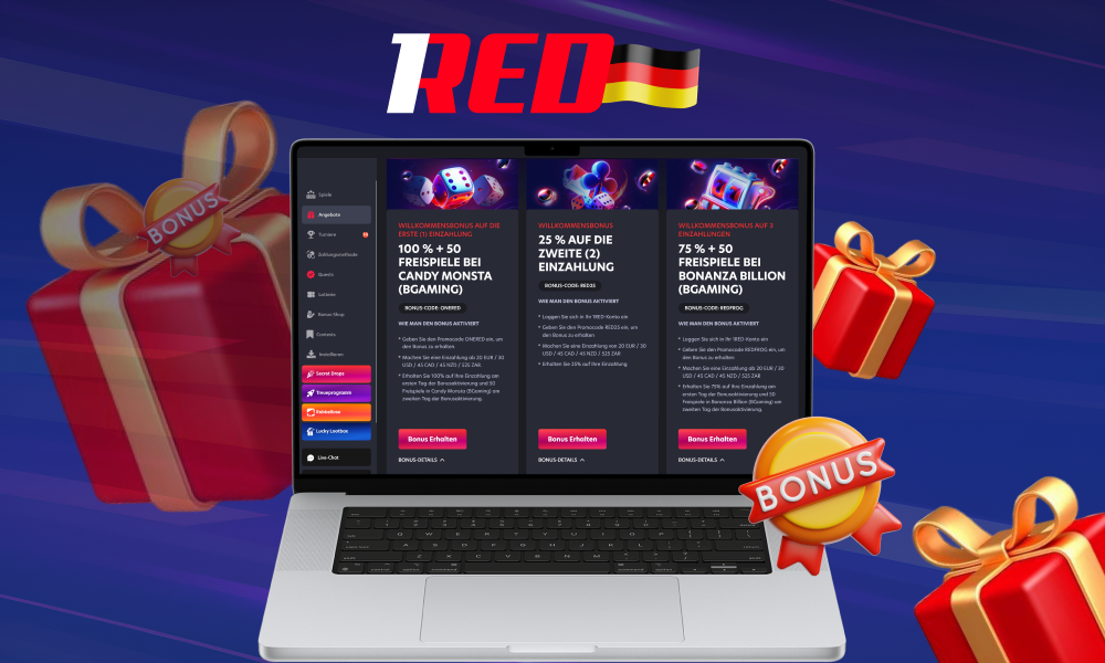 Das 1Red-Willkommenspaket für neue Spieler bietet Bonusgeld und 175 Freispiele für die ersten drei Einzahlungen